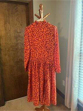 High-Neck Orange Floral Long-Sleeve Midi Slit Dress